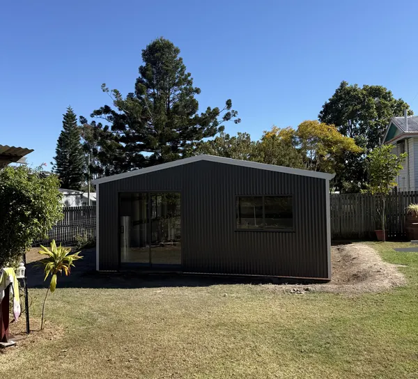 Finished steel shed with sliding glass doors
